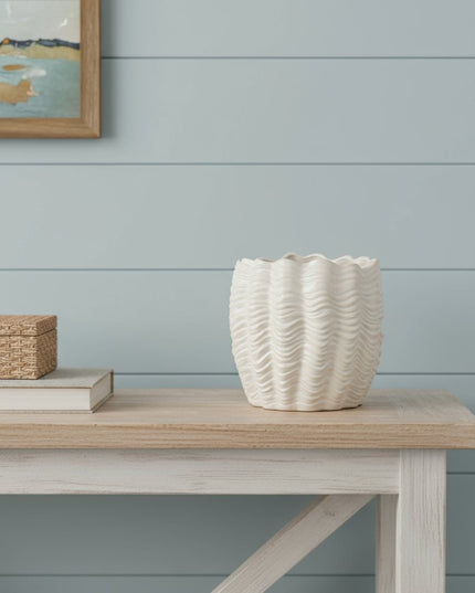 11" Cream Ceramic Sculptural Waves Table Vase