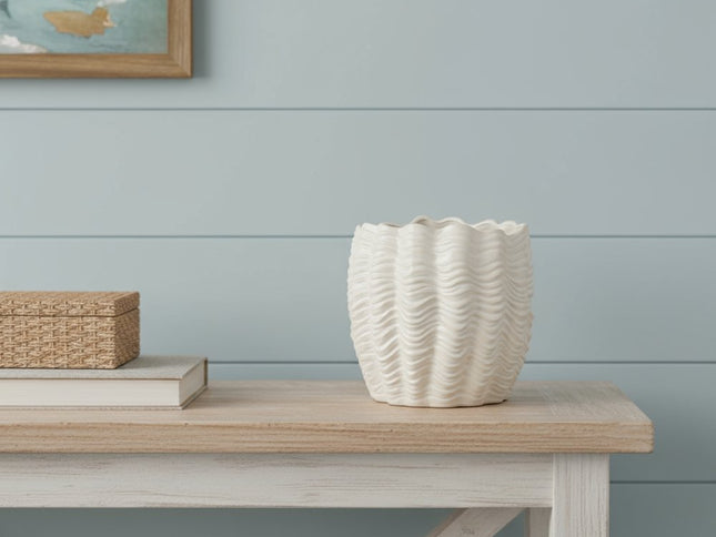 11" Cream Ceramic Sculptural Waves Table Vase