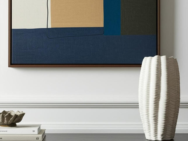 24" Cream Cylinder Ceramic Sculptural Waves Table Vase