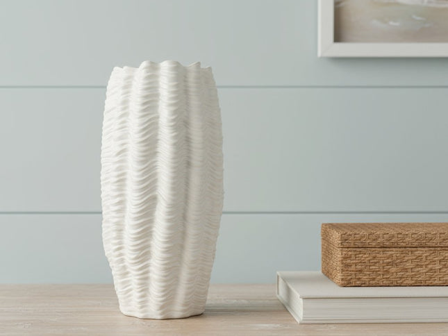 24" Cream Cylinder Ceramic Sculptural Waves Table Vase