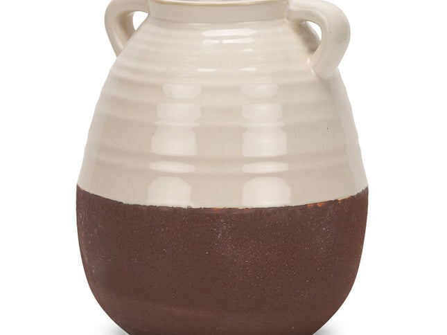 14" Brown And Cream Ceramic Amphora Table Vase
