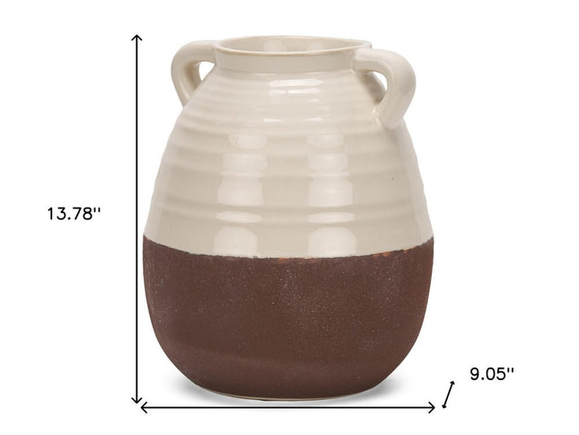 14" Brown And Cream Ceramic Amphora Table Vase