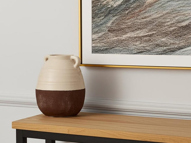 14" Brown And Cream Ceramic Amphora Table Vase