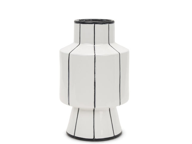 13" White And Black Striped Ceramic Cylinder Table Vase