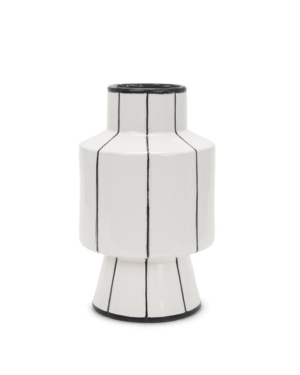 13" White And Black Striped Ceramic Cylinder Table Vase