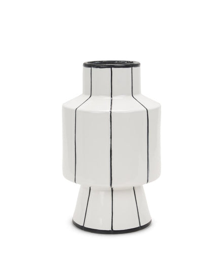 13" White And Black Striped Ceramic Cylinder Table Vase