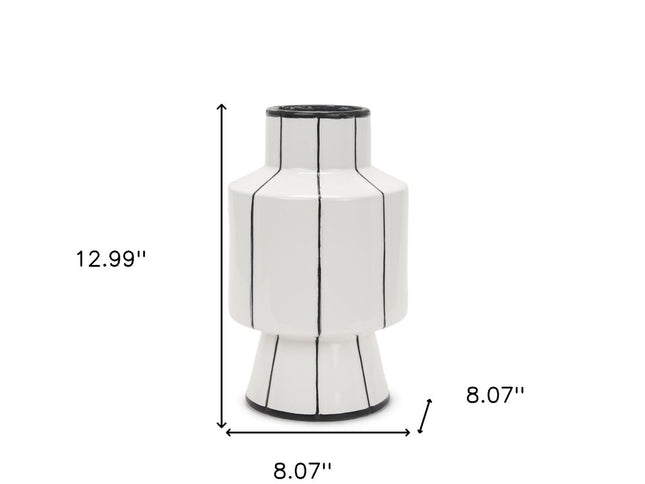 13" White And Black Striped Ceramic Cylinder Table Vase
