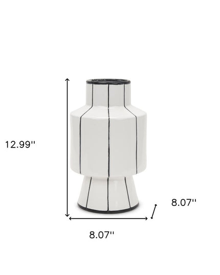 13" White And Black Striped Ceramic Cylinder Table Vase