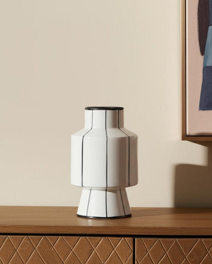 13" White And Black Striped Ceramic Cylinder Table Vase