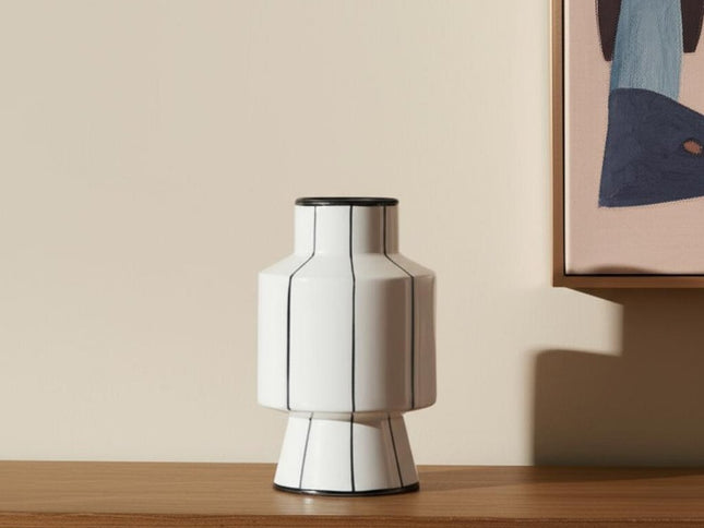 13" White And Black Striped Ceramic Cylinder Table Vase