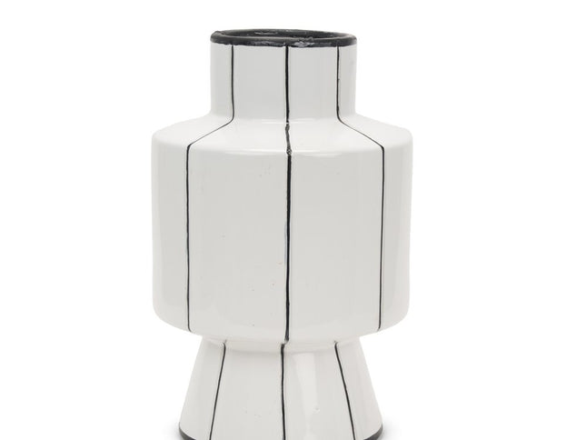 16" White And Black Striped Ceramic Cylinder Table Vase