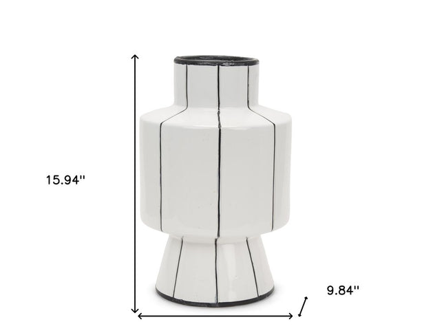 16" White And Black Striped Ceramic Cylinder Table Vase