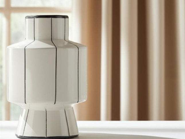 16" White And Black Striped Ceramic Cylinder Table Vase