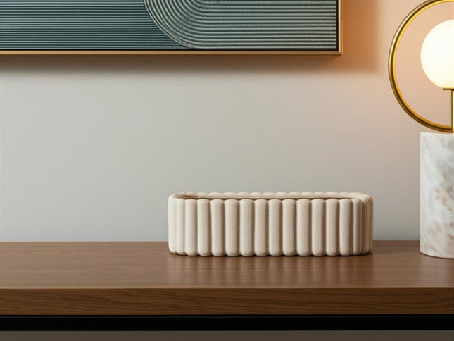 6" Beige Oval Ceramic Ribbed Texture Table Vase