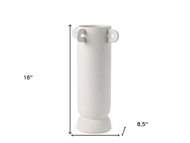 16" Off White Cylinder Ceramic Table Vase With Handles