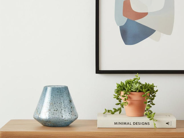 7" Blue Seeded Glass Round Table Vase