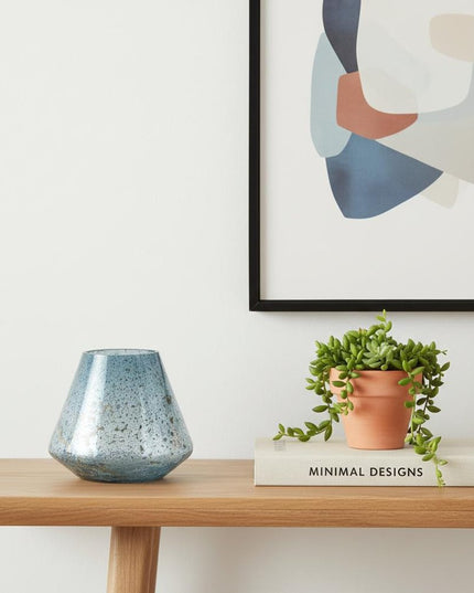 7" Blue Seeded Glass Round Table Vase