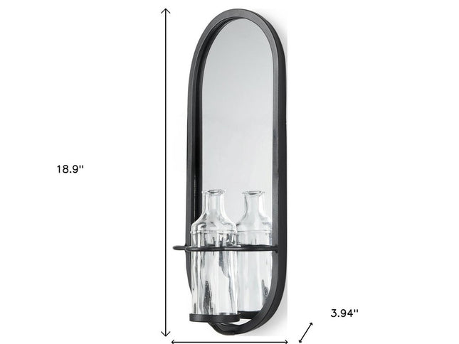 19" Black And Clear Glass Bottle Metal And Mirrored Glass Oval Wall Vase