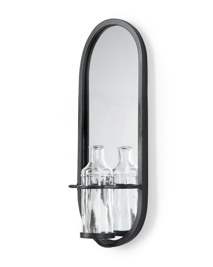 19" Black And Clear Glass Bottle Metal And Mirrored Glass Oval Wall Vase