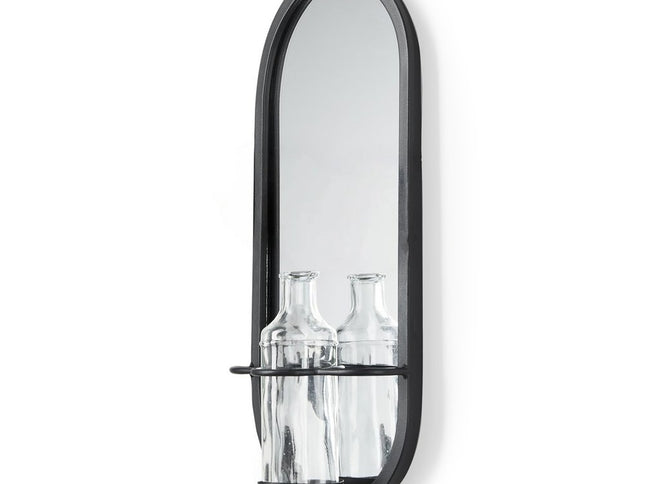 19" Black And Clear Glass Bottle Metal And Mirrored Glass Oval Wall Vase