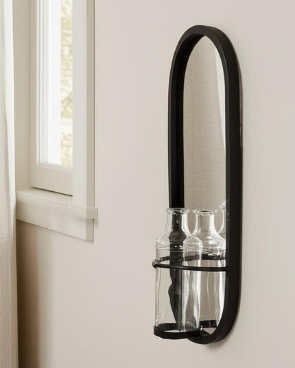 19" Black And Clear Glass Bottle Metal And Mirrored Glass Oval Wall Vase