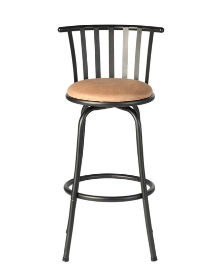 Set of Three Khaki and Black Suede Faux Leather and Iron Low Back Adjustable Height Swivel Bar Chairs