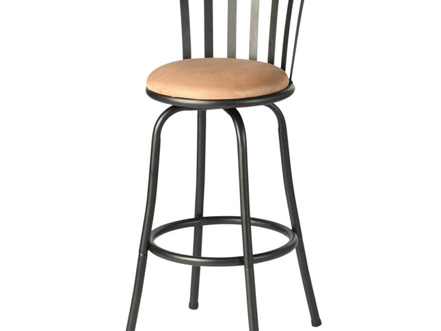 Set of Three Khaki and Black Suede Faux Leather and Iron Low Back Adjustable Height Swivel Bar Chairs