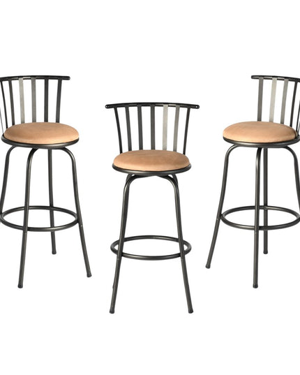 Set of Three Khaki and Black Suede Faux Leather and Iron Low Back Adjustable Height Swivel Bar Chairs