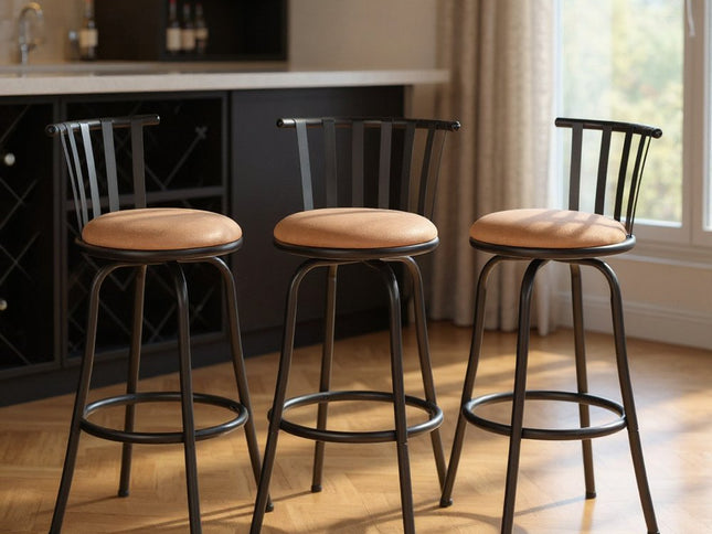 Set of Three Khaki and Black Suede Faux Leather and Iron Low Back Adjustable Height Swivel Bar Chairs