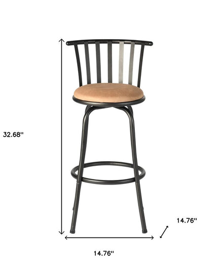 Set of Three Khaki and Black Suede Faux Leather and Iron Low Back Adjustable Height Swivel Bar Chairs