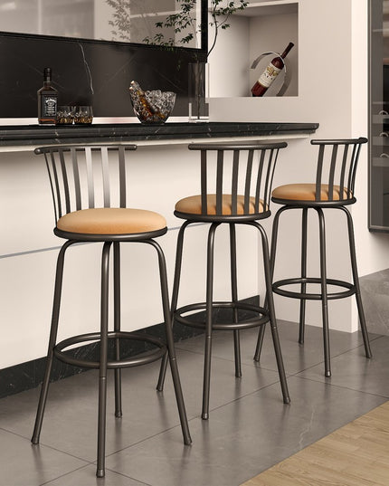 Set of Three Khaki and Black Suede Faux Leather and Iron Low Back Adjustable Height Swivel Bar Chairs