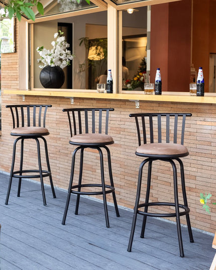 Set of Three Khaki and Black Suede Faux Leather and Iron Low Back Adjustable Height Swivel Bar Chairs