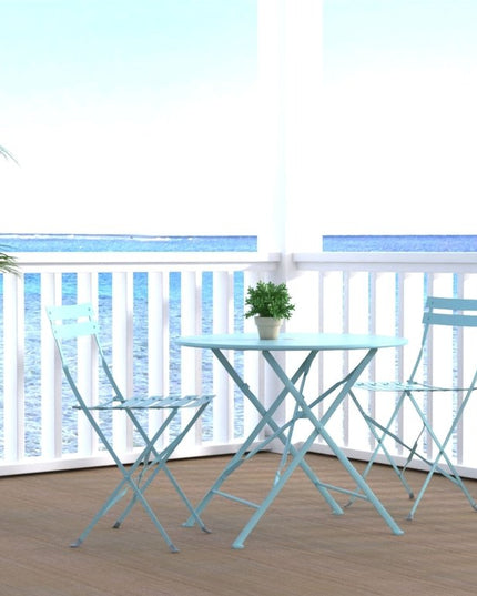 Three Piece Teal Blue Round Metal Dining Set with Two Chairs