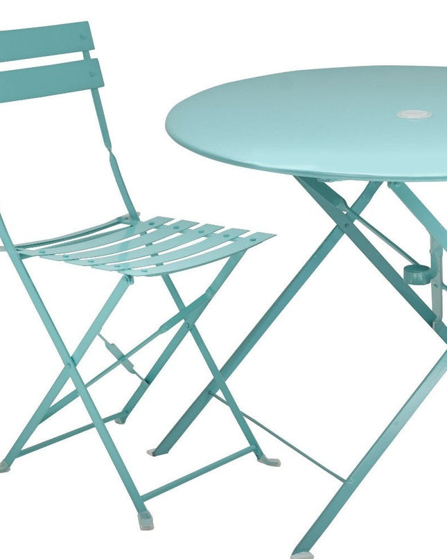Three Piece Teal Blue Round Metal Dining Set with Two Chairs