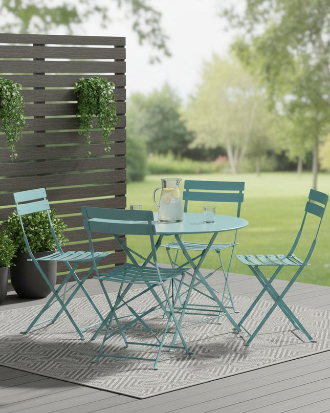 Five Piece Teal Blue Round Metal Dining Set with Four Chairs