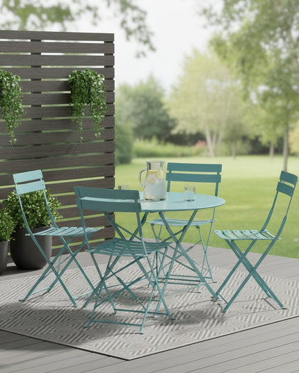 Five Piece Teal Blue Round Metal Dining Set with Four Chairs
