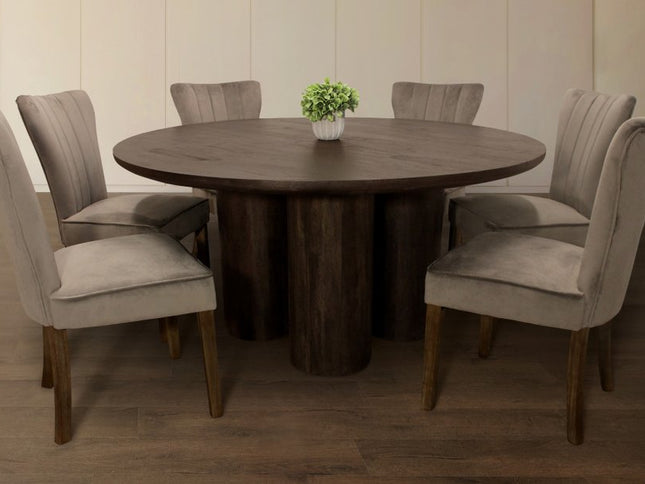Seven Piece Dark Brown Round Solid Wood Dining Set with Six Chairs