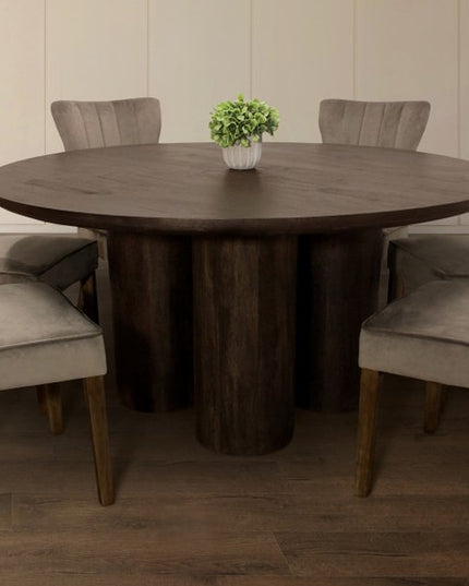 Seven Piece Dark Brown Round Solid Wood Dining Set with Six Chairs