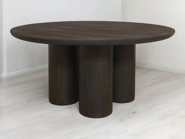 Seven Piece Dark Brown Round Solid Wood Dining Set with Six Chairs