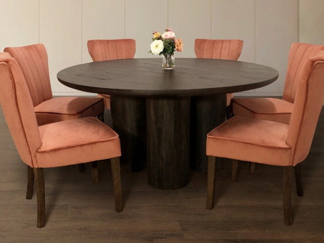 Seven Piece Dark Brown Round Solid Wood Dining Set with Six Chairs