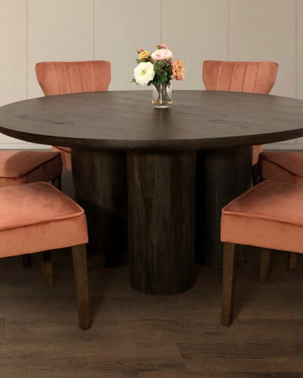 Seven Piece Dark Brown Round Solid Wood Dining Set with Six Chairs