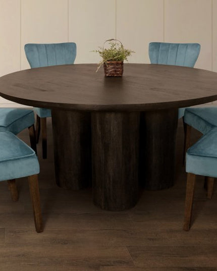 Seven Piece Dark Brown Round Solid Wood Dining Set with Six Chairs