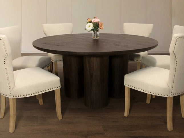 Seven Piece Dark Brown Round Solid Wood Dining Set with Six Chairs