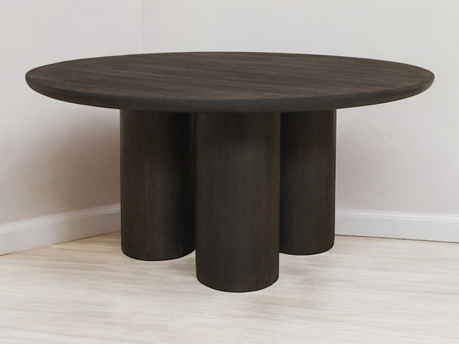 Seven Piece Dark Brown Round Solid Wood Dining Set with Six Chairs
