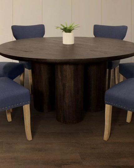Seven Piece Dark Brown Round Solid Wood Dining Set with Six Chairs