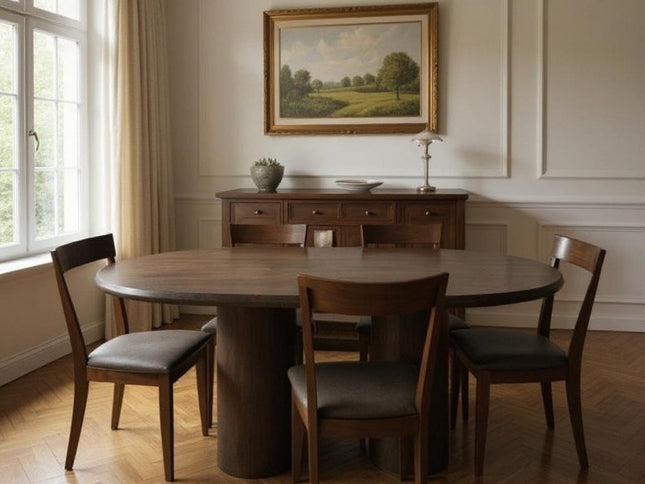 Seven Piece Dark Brown Round Solid Wood Dining Set with Six Chairs