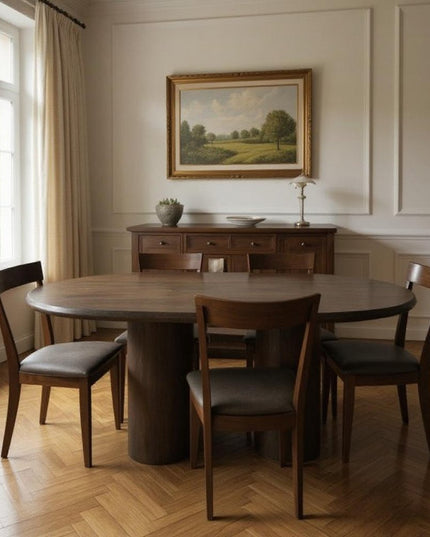 Seven Piece Dark Brown Round Solid Wood Dining Set with Six Chairs