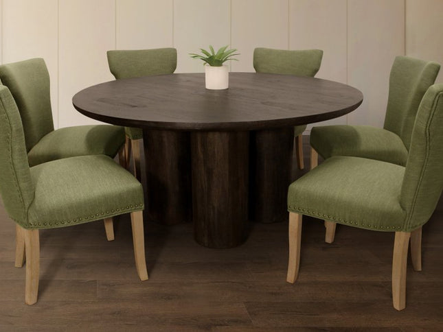 Seven Piece Dark Brown Round Solid Wood Dining Set with Six Chairs