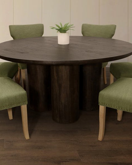 Seven Piece Dark Brown Round Solid Wood Dining Set with Six Chairs