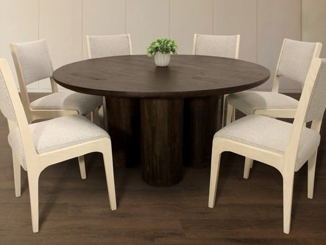 Seven Piece Dark Brown Round Solid Wood Dining Set with Six Chairs